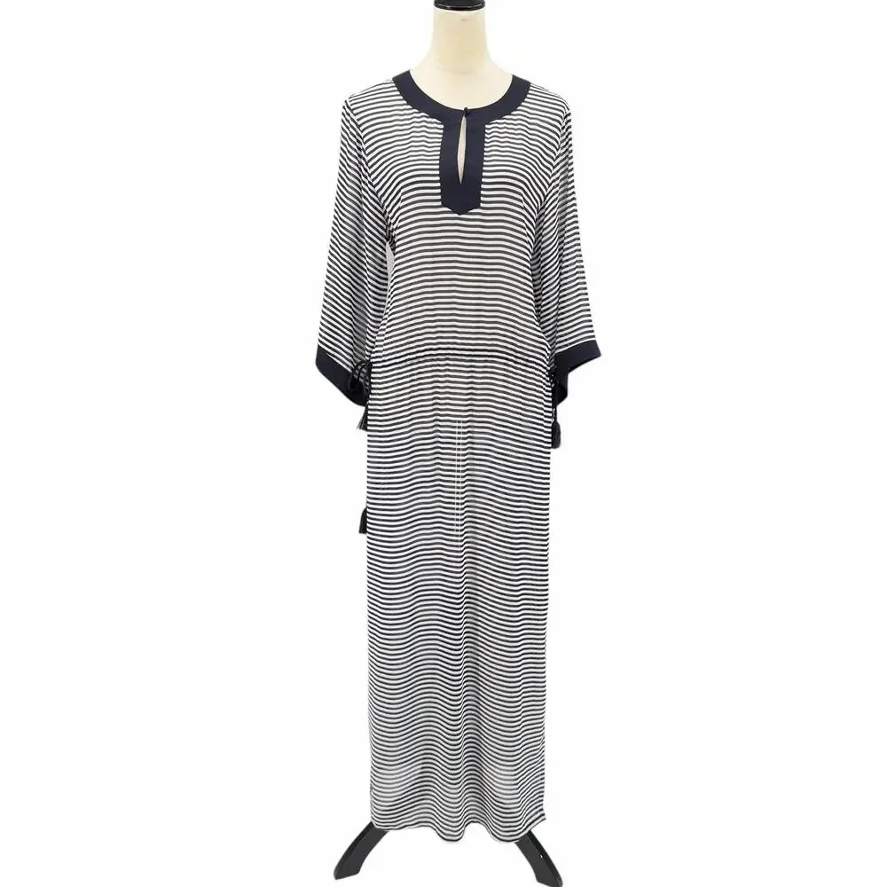 Tory Burch NWT Clemente Navy White Stripe 100% Silk Sheer Long Caftan Coverup